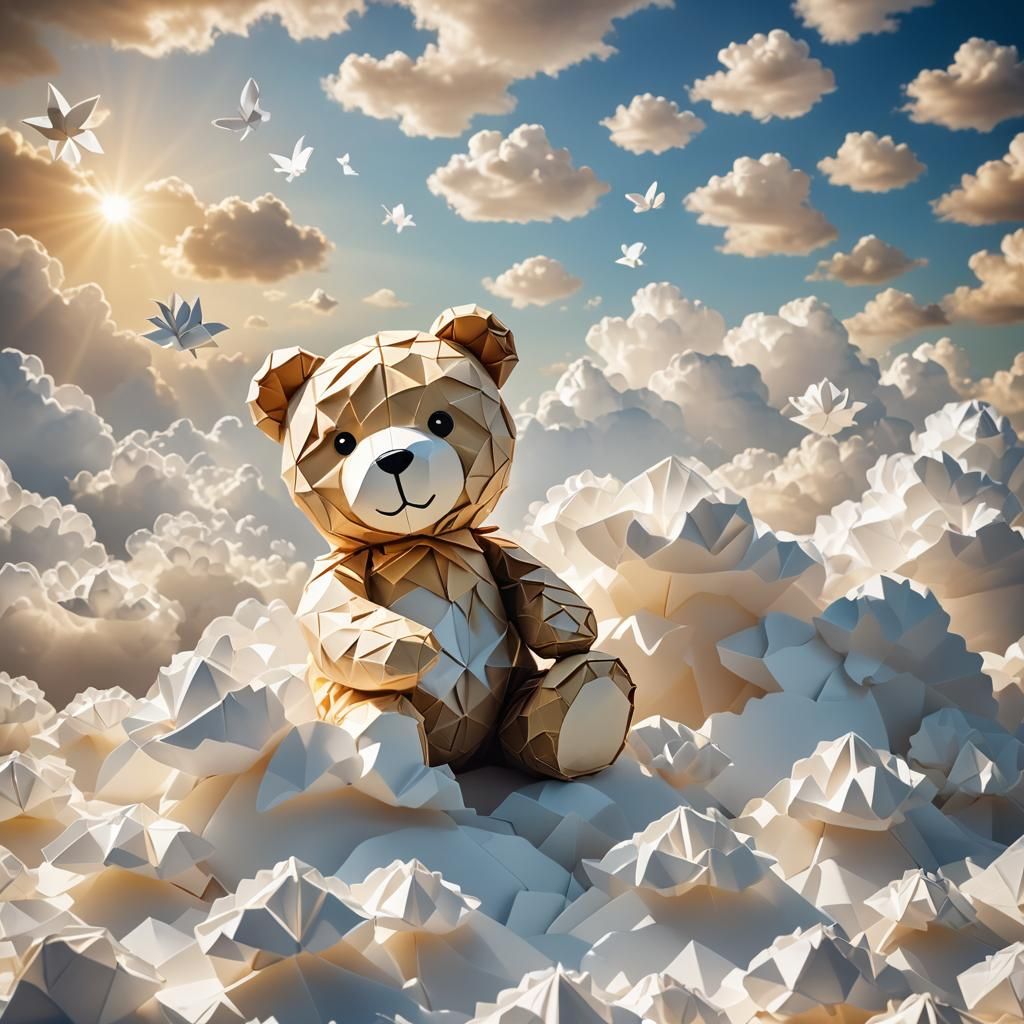 Origami Teddy Bear in Heavenly Clouds