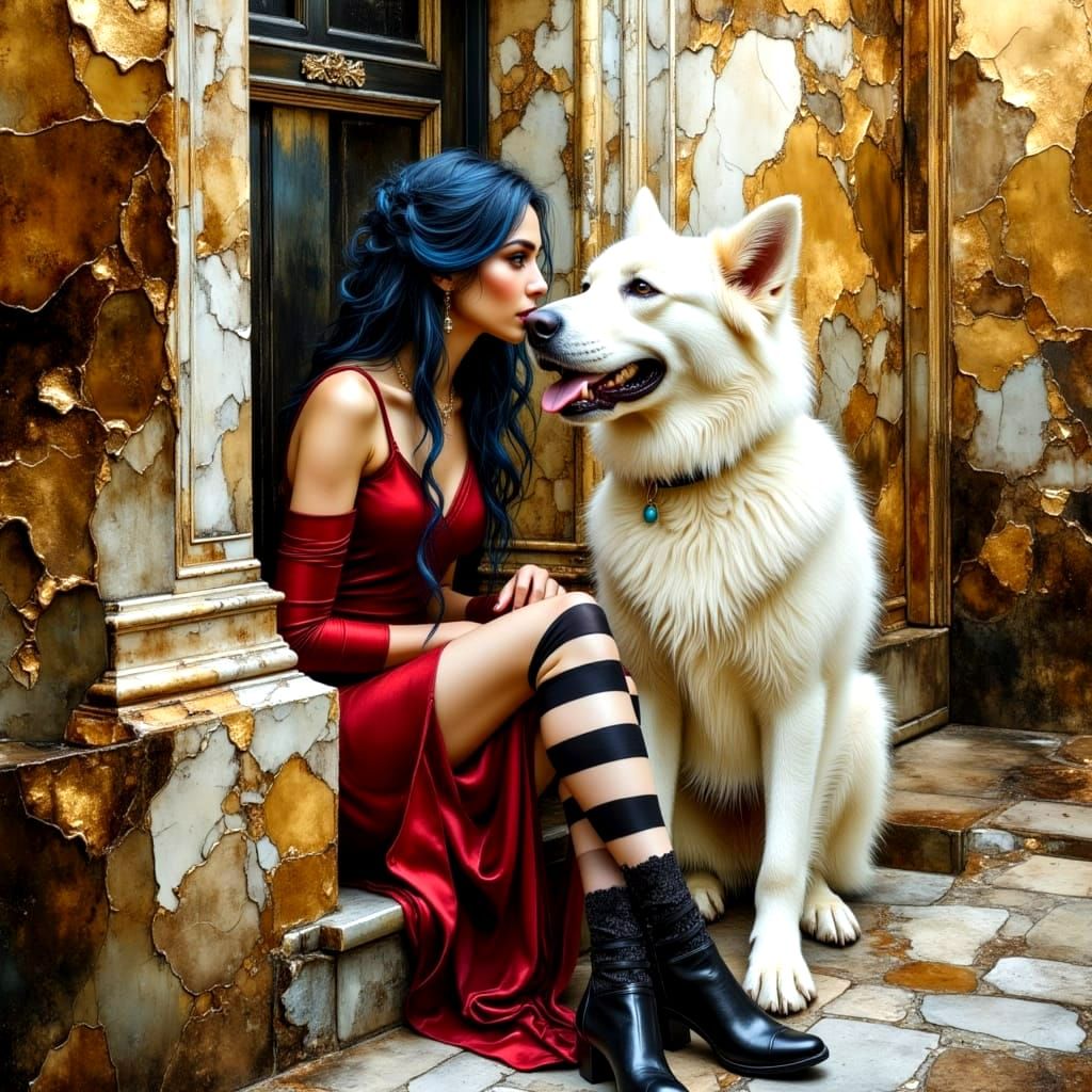 Sensual Woman with Dog Companion in Oil Painting