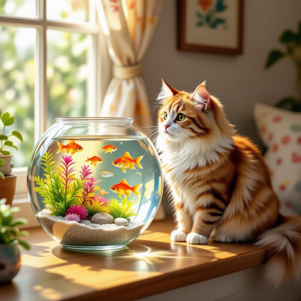 Curious Cat Gazes into Goldfish Bowl
