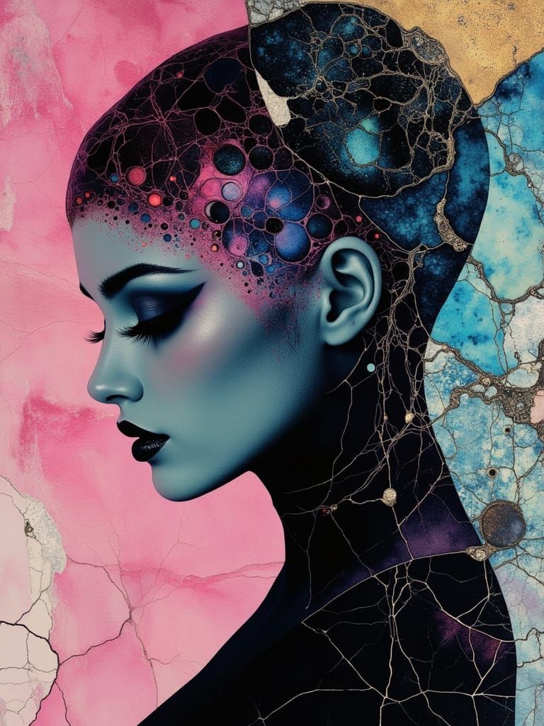 Gothic Porcelain Woman Portrait in Watercolor Alcohol Ink