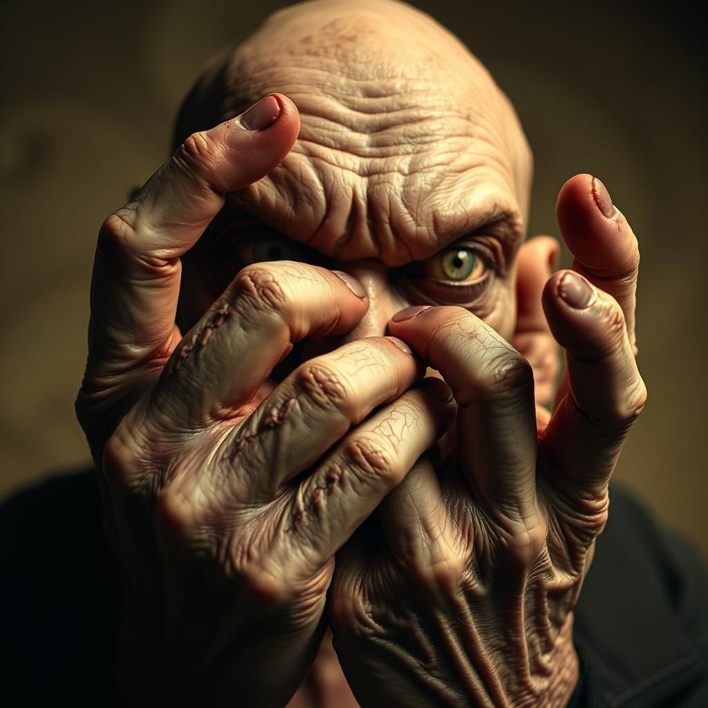 Grotesque Man with Enormous Hands in Horror Style