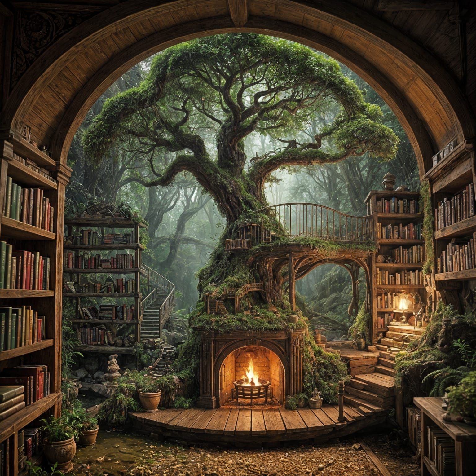 Whimsical Fantasy Cavern with Miniature Library and Bonsai T...
