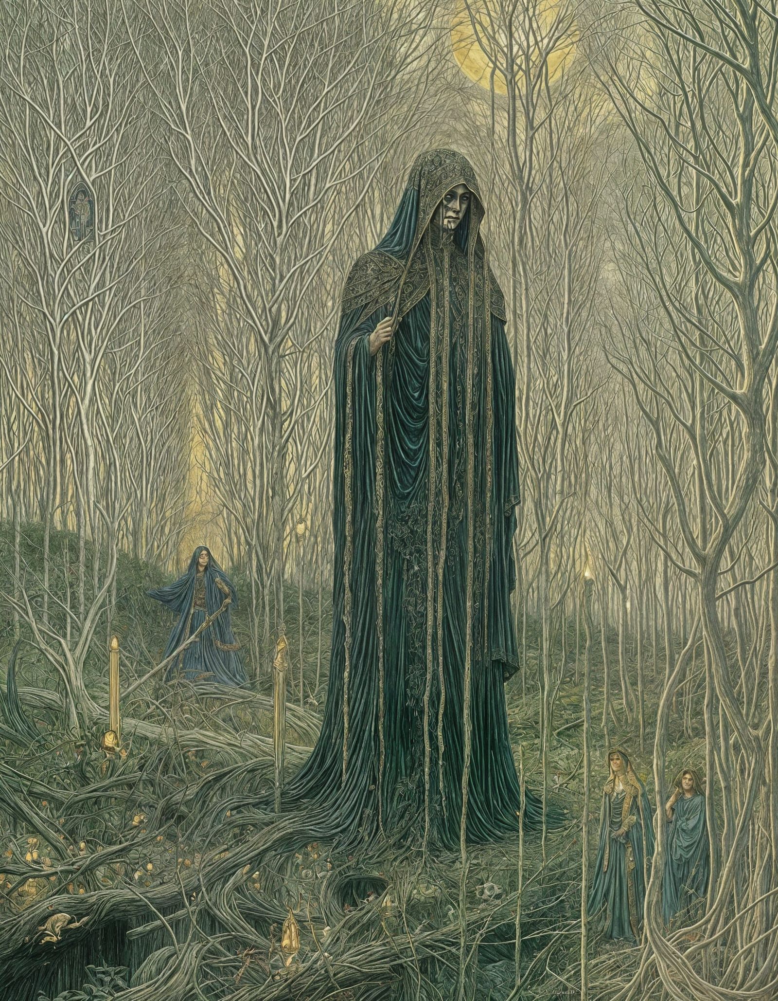 Surreal Procession of Ghostly Figures in a Somber, Moonlit L...