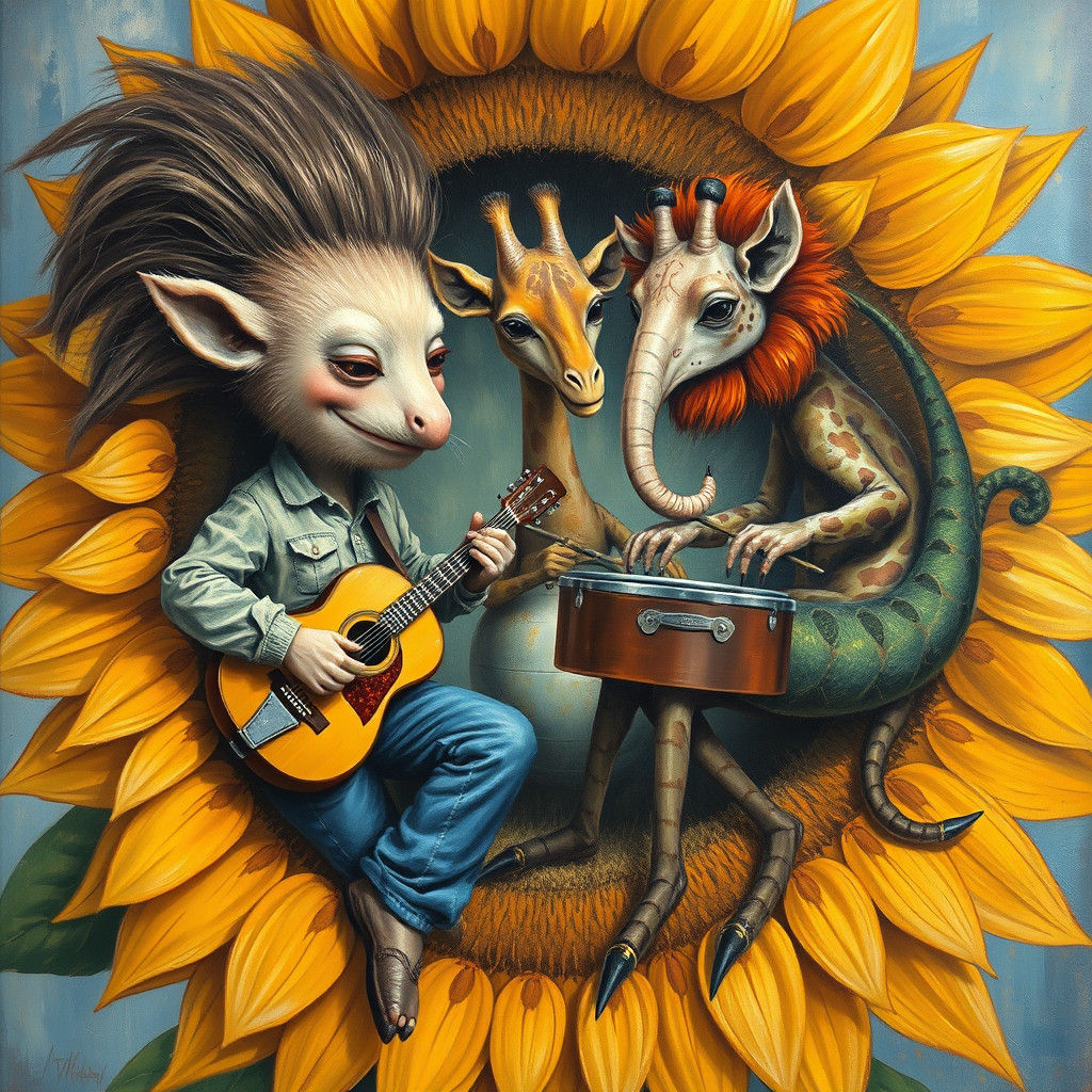 Mythical Band in Sunflower Head: A Surrealist Masterpiece