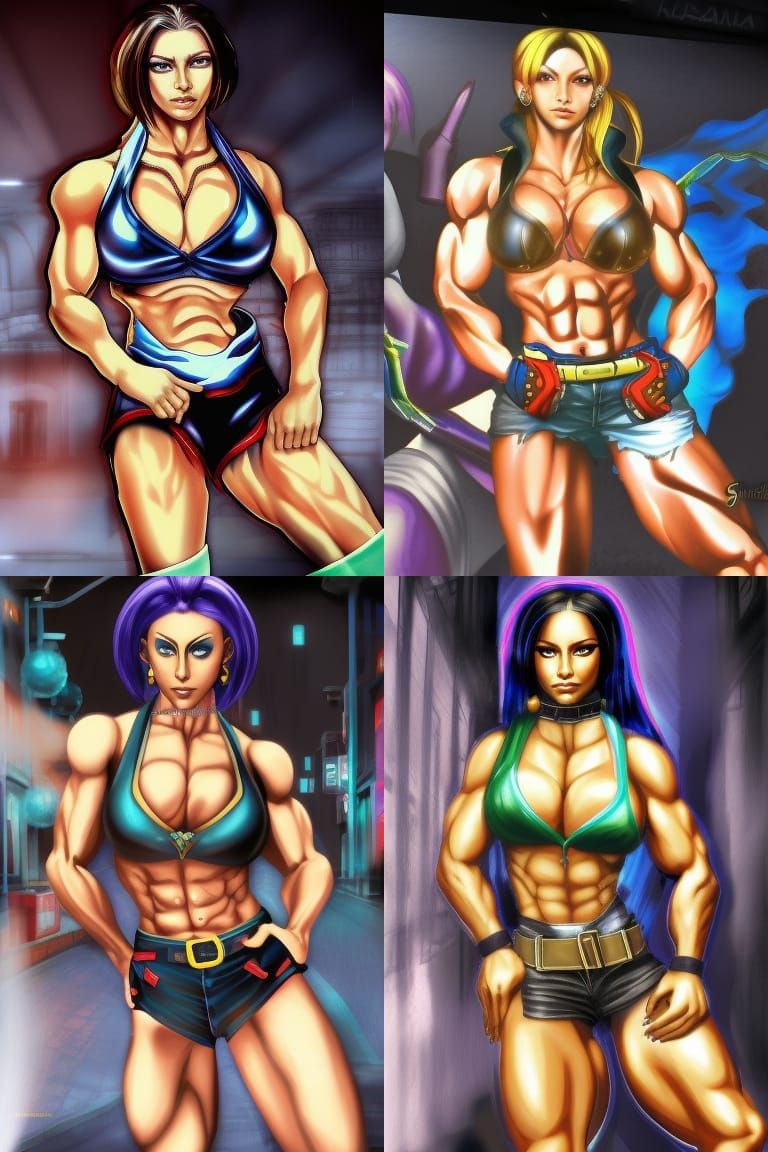 Female Bodybuilder as Video Game Character in NYC Alley