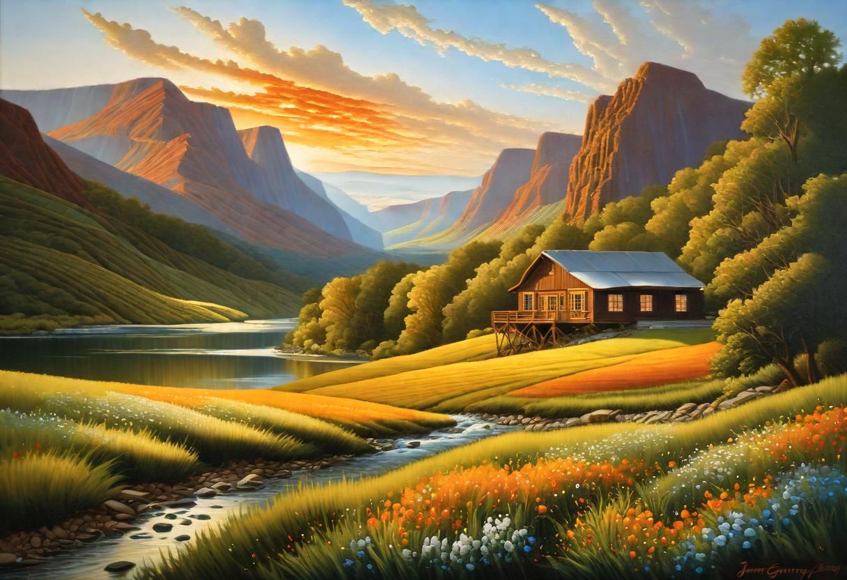 Foothills Summer Landscape with River, Digital Watercolor