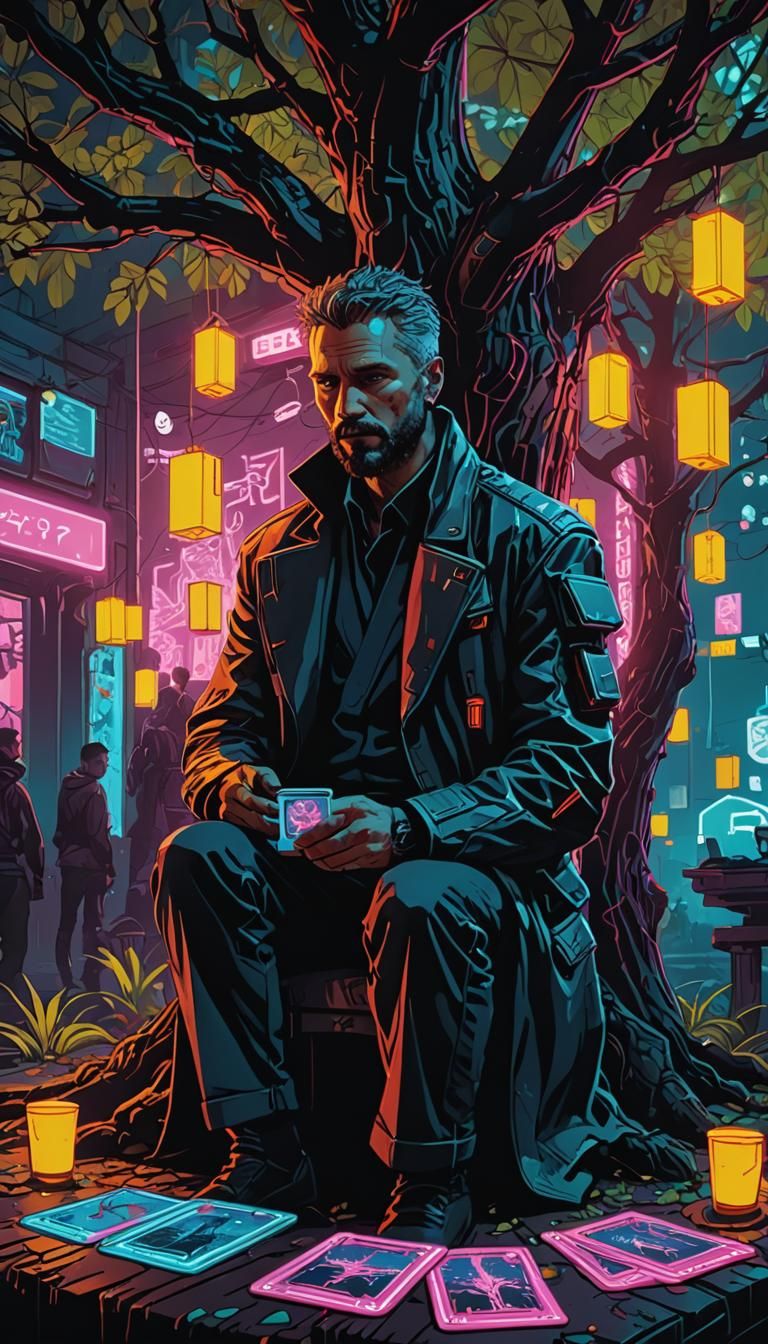 Cyberpunk Four of Cups Tarot Card Illustration