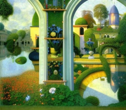 Sunrise Garden with Gothic Archways in Art Nouveau