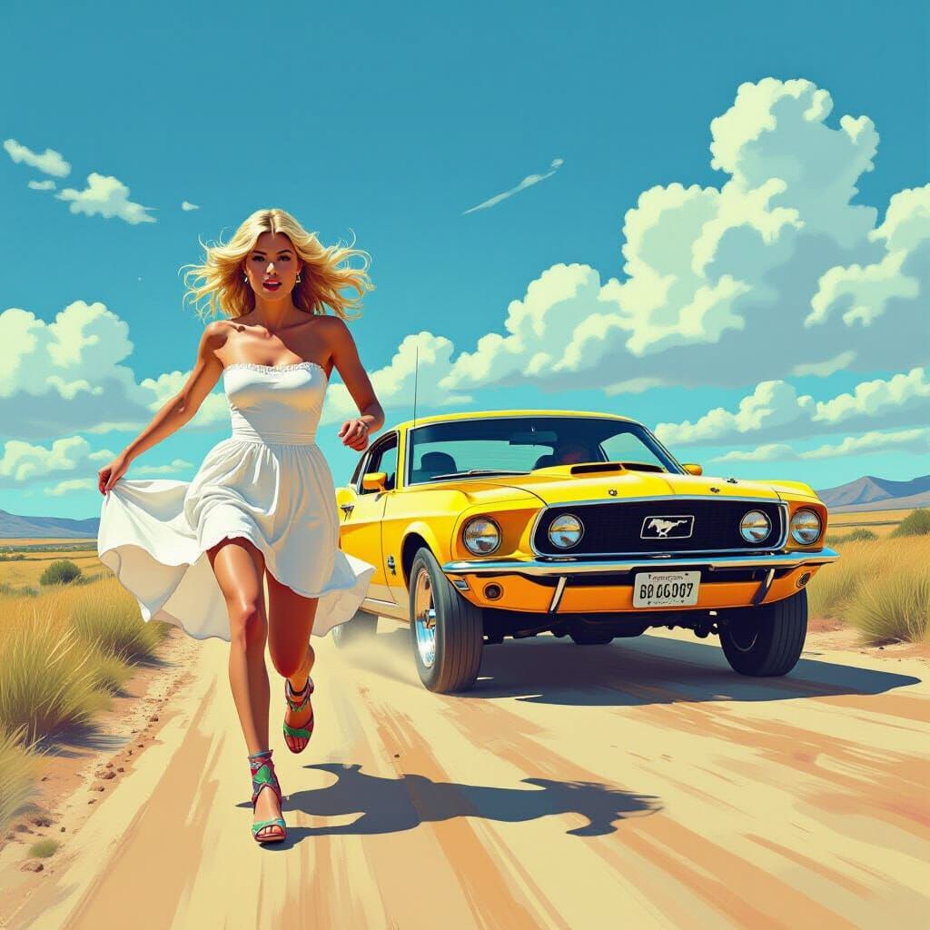 Woman Chased by Mustang in Psychedelic Graffiti Style