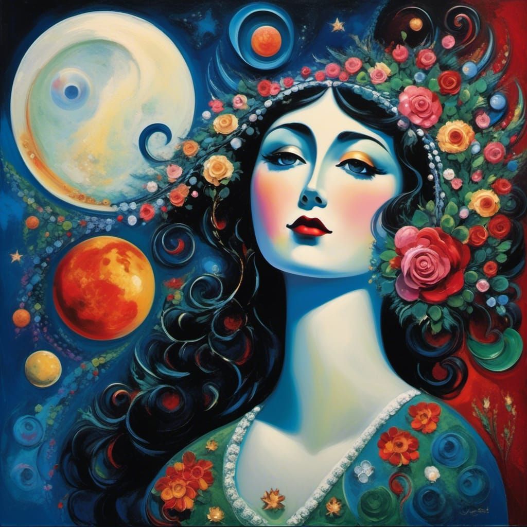 Surreal Moon Face in Space, Chagall Style