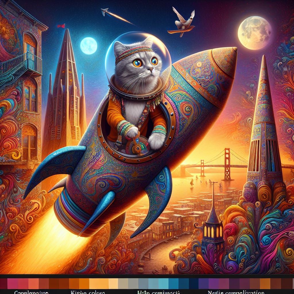 Hippie Cat Rocketing to San Francisco: Fantasy Concept Art