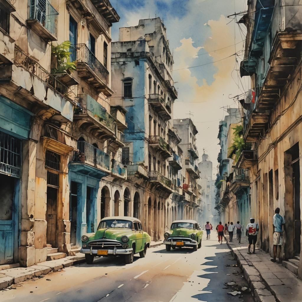 Watercolor Havana Street Scene in Washed-Out Style
