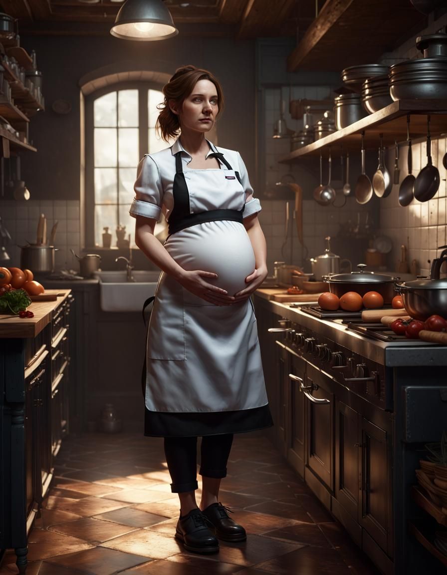 Pregnant Chef in Kitchen: Dark Fantasy Concept Art