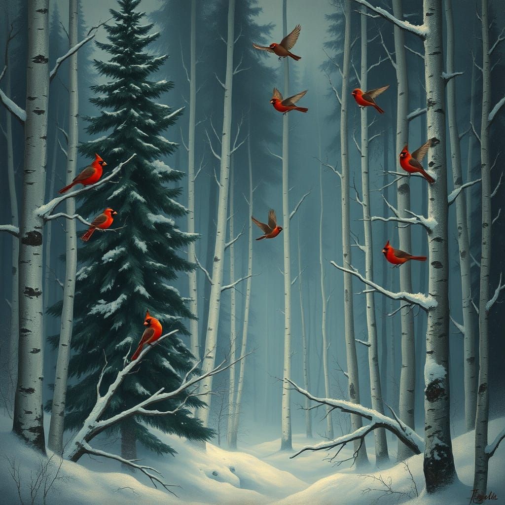 Ethereal Winter Wonderland with Dark Pine and Birch Trees