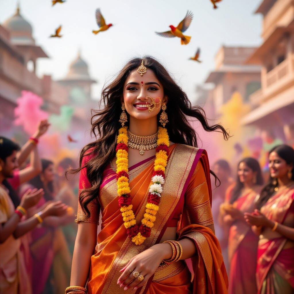 Indian Woman at Holi Festival with Magical Birds