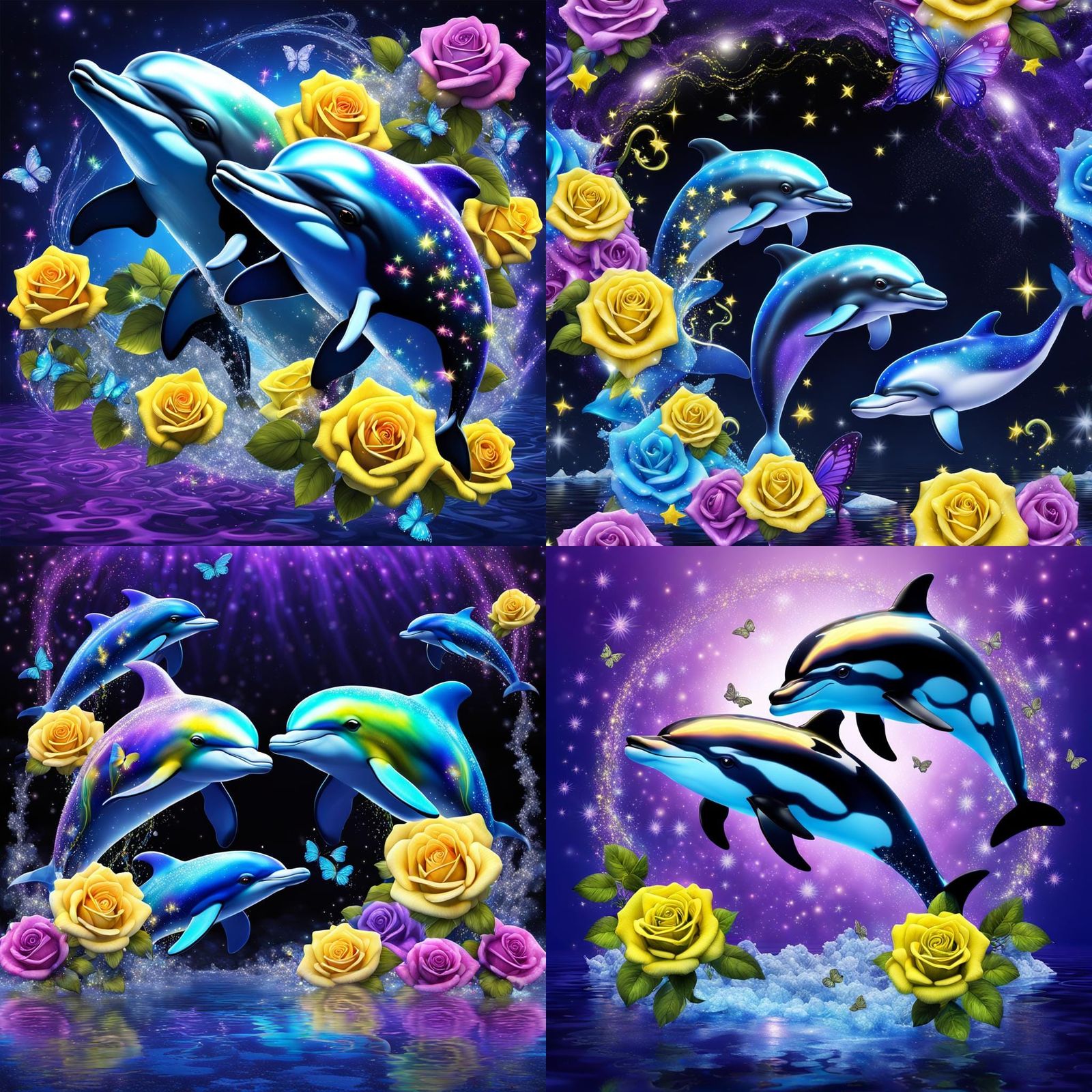 Rainbow Dolphins with Neon Roses on Frozen Lake