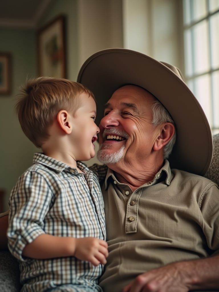 Grandpa's Oversized Hat Brings Joy to Little Grandson