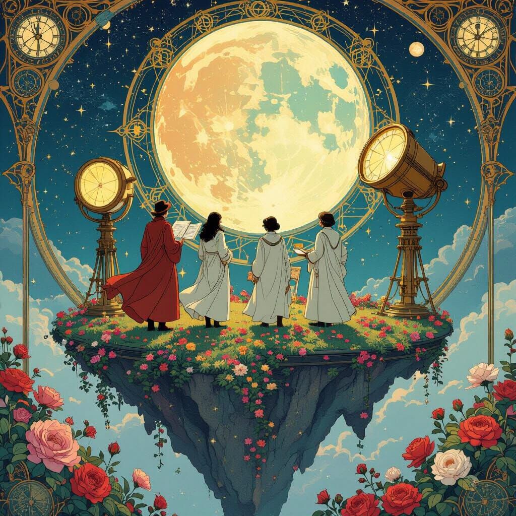 Whimsical Floating Island Observatory in Art Nouveau Style