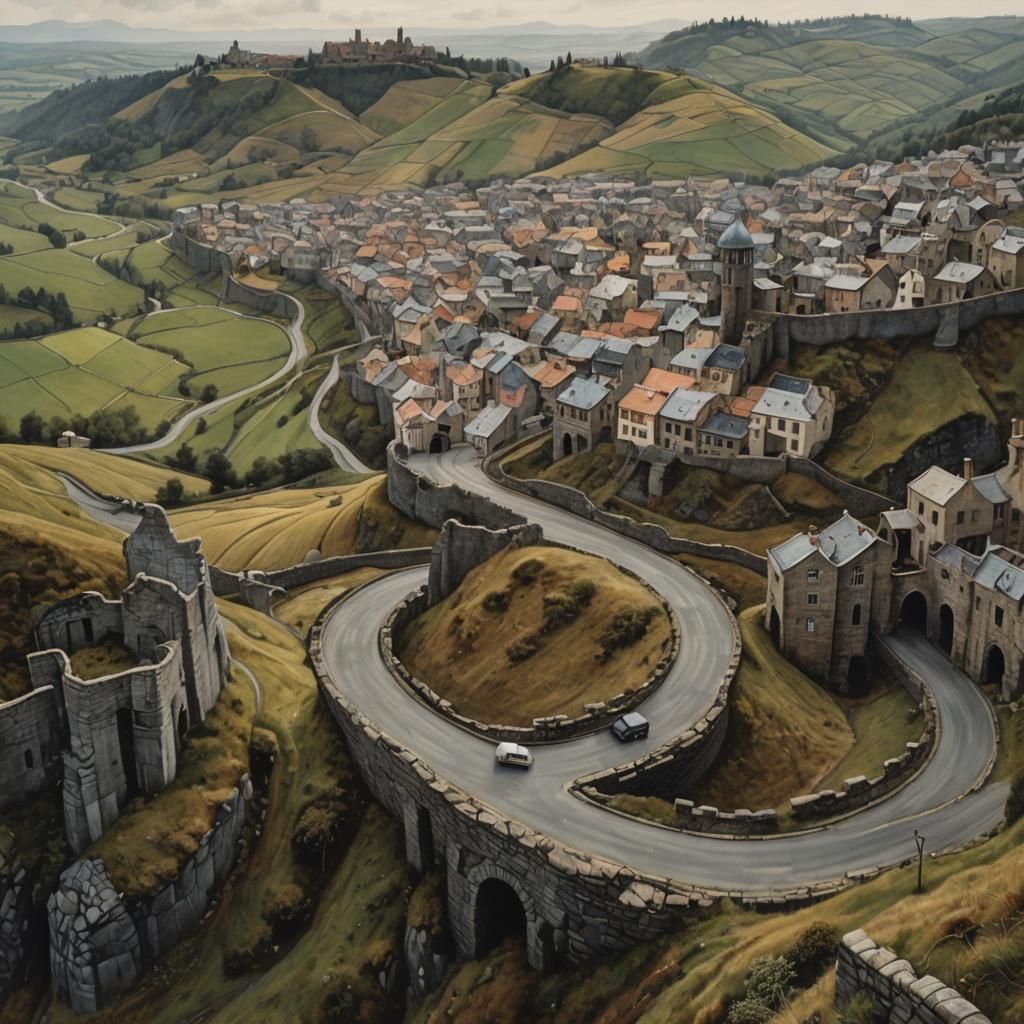 Miniature Car on Endless Road in Escher Style