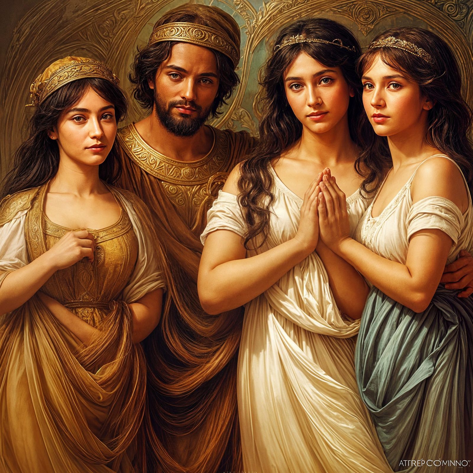 Three Maidens Worship a Poet: Fantasy Art
