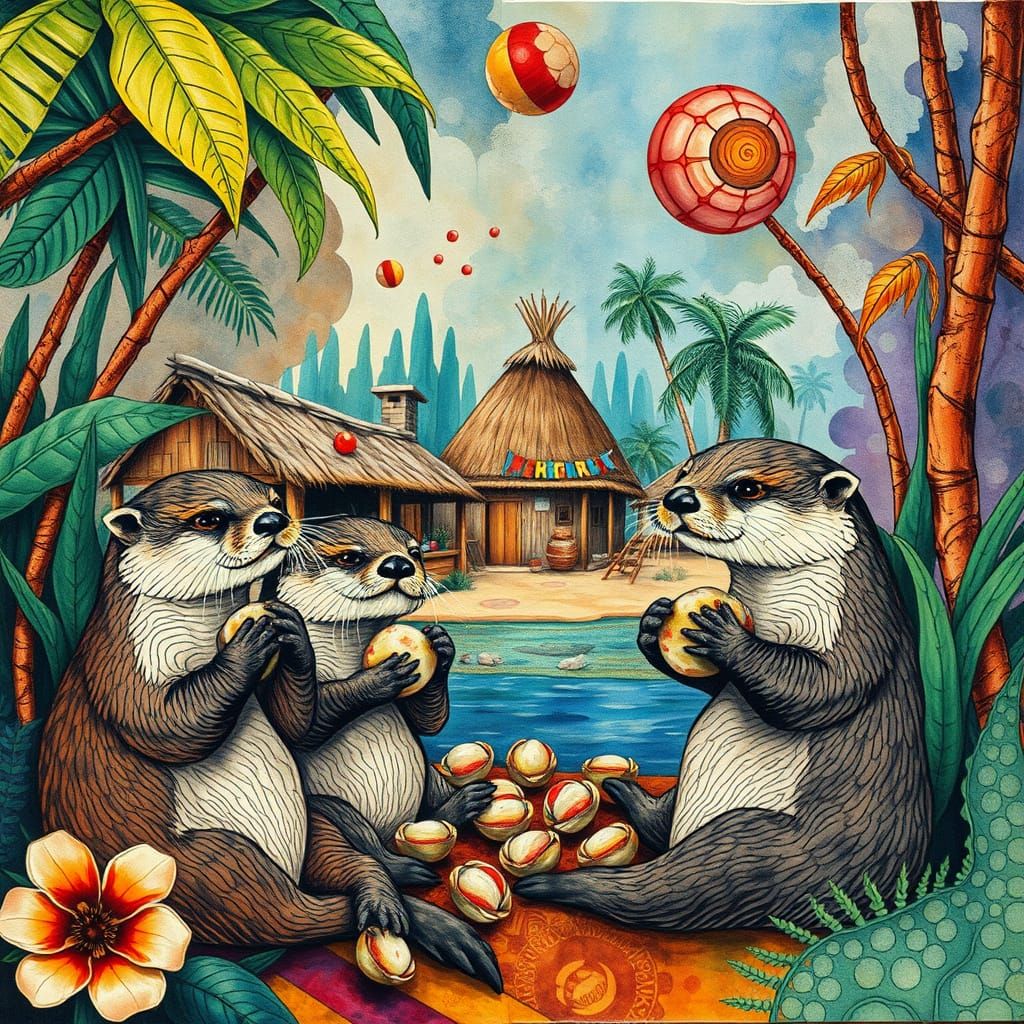 Vibrant Otter Gathering in Jungle Landscape