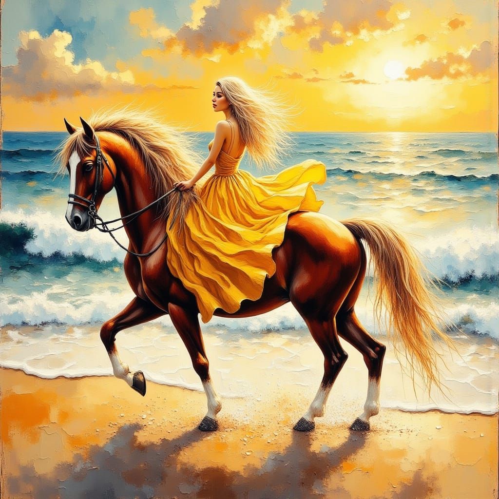 Blonde Woman Riding Horse Along Beach in Impressionist Style