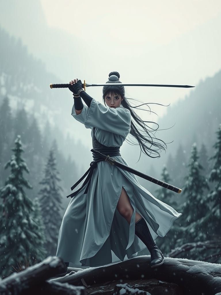 Fierce Japanese Warrior Woman Swinging Sword in Winter