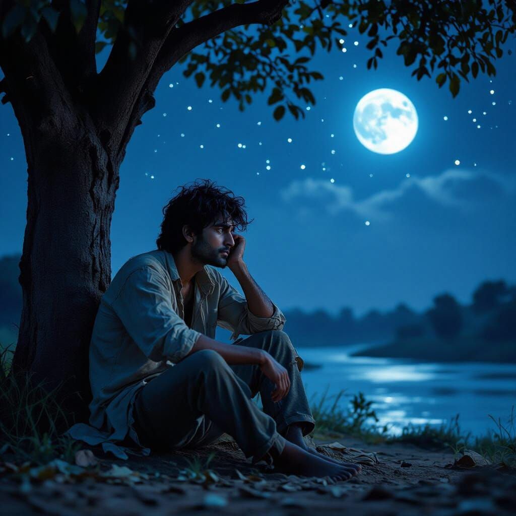 Cinematic Night Scene of a Hopeless Young Man Under the Star...