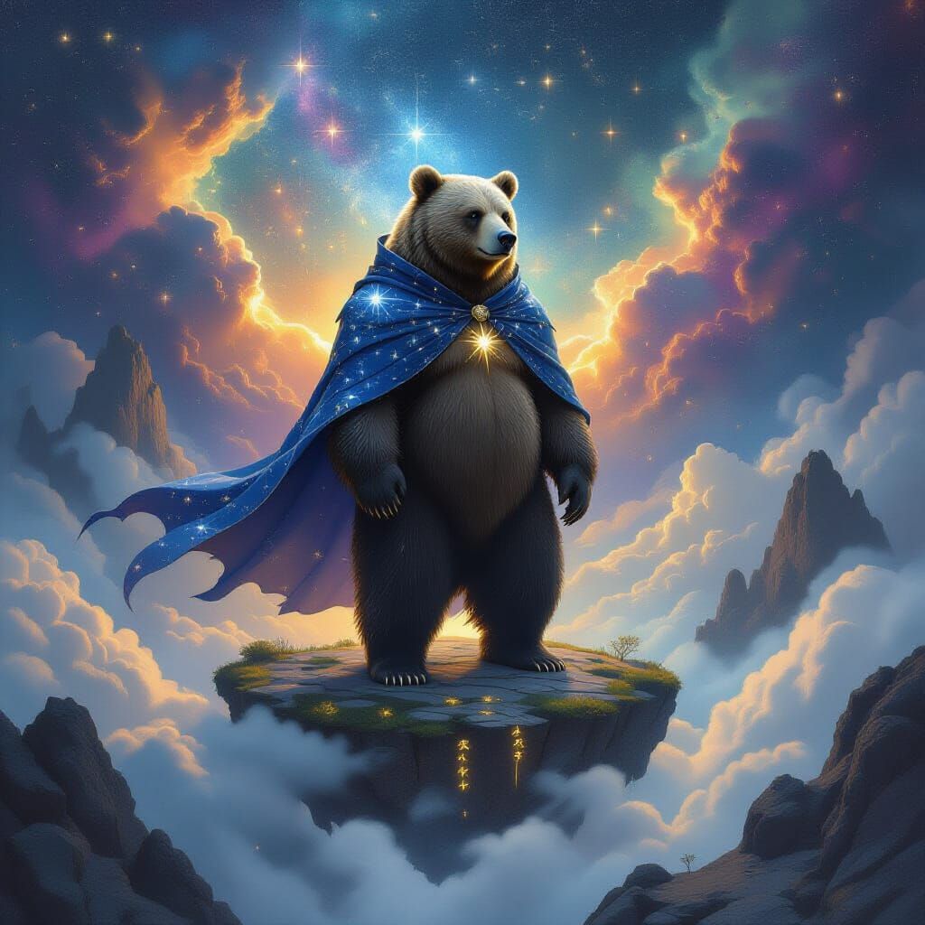 Celestial Bear on Floating Island Amidst Nebula