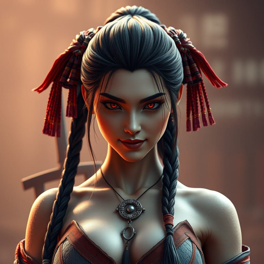 Ethereal Fantasy Samurai Maiden with Braided Hair and Blazin...