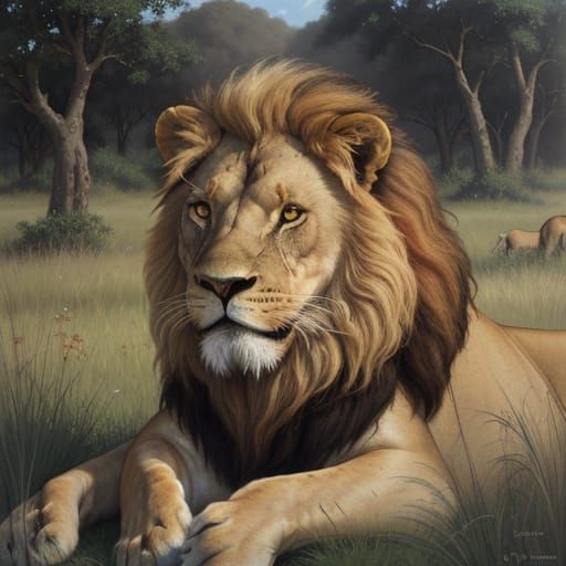 Portrait of a lion in the savannah, John Collier, oil on canvas, diffuse light