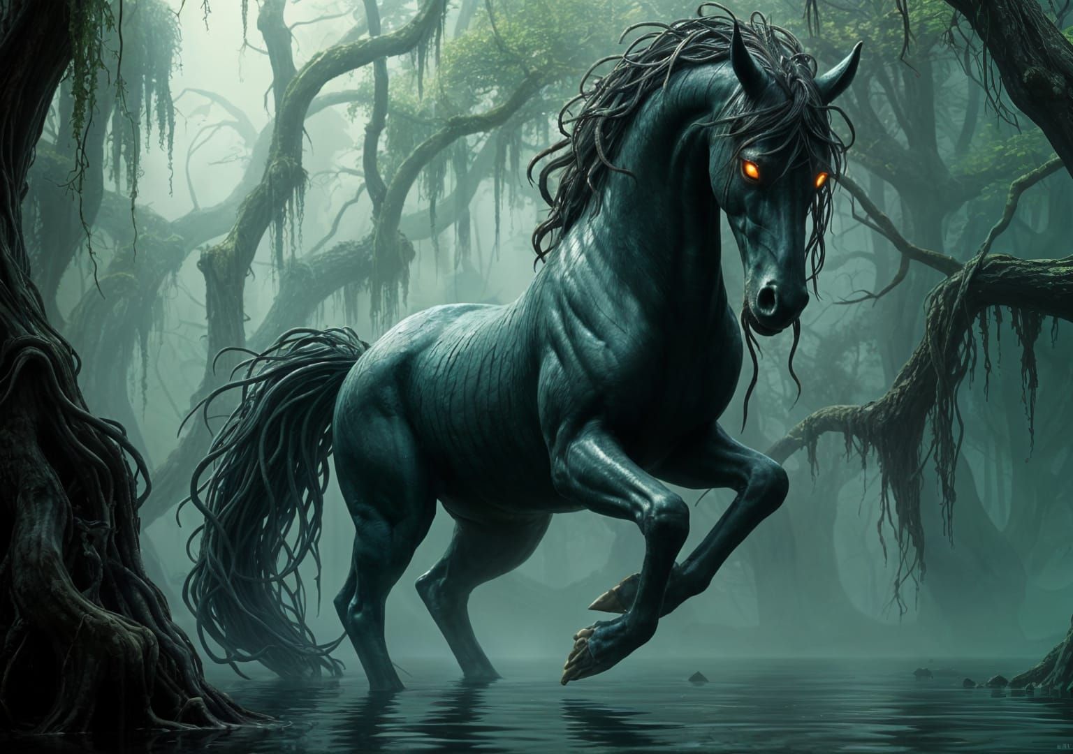 Mythical Kelpie Spirit in Dark Swamp: Anime Style