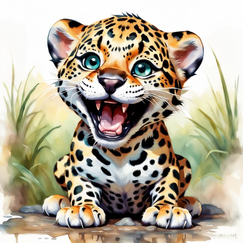 Chibi Jaguar Cub Portrait in Watercolor Style