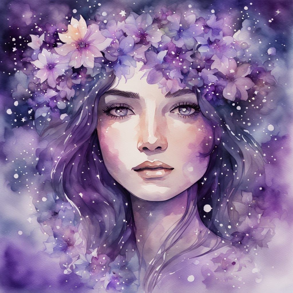 Amethyst-Eyed Woman in Watercolor Splash Art