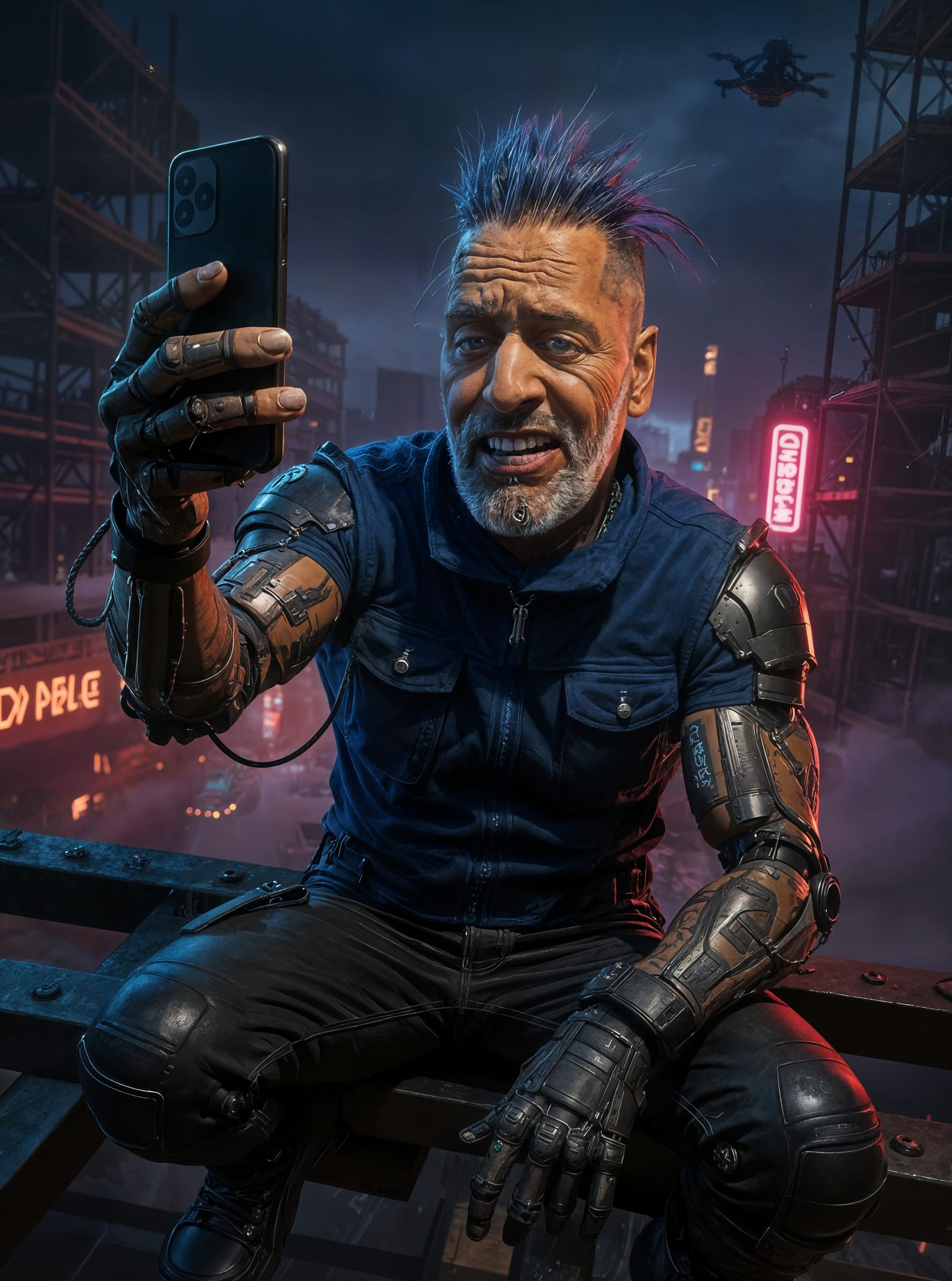 Cyberpunk Mech Selfie on Skyscraper