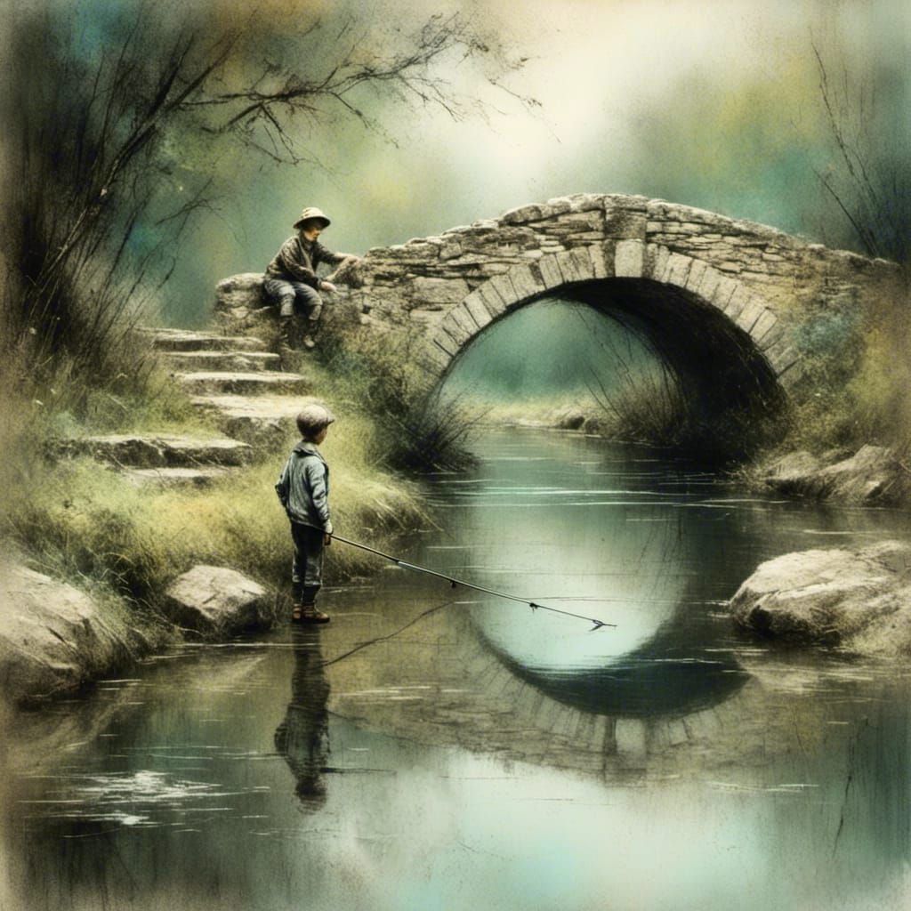 Boy Fishing from Stone Bridge: Grungy Pastel Sketch