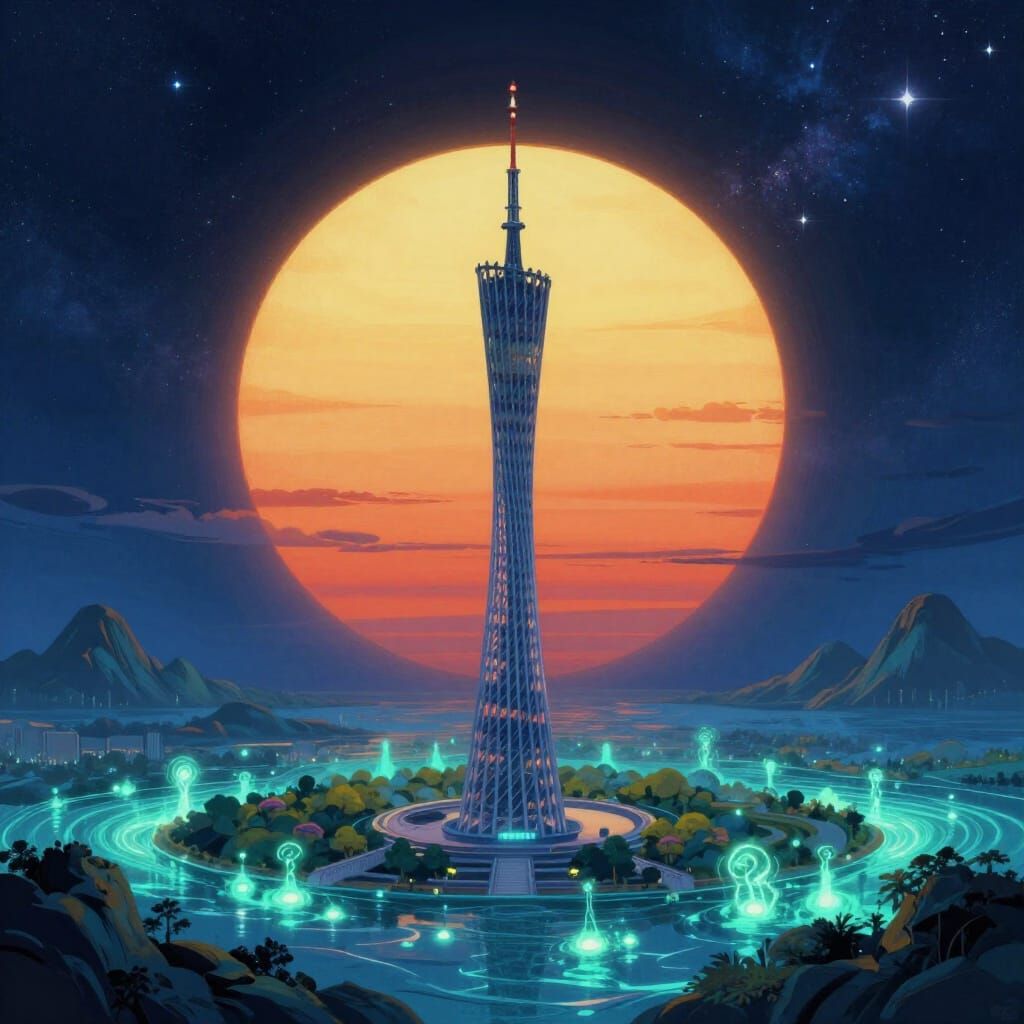 Cosmic Tower Landscape with Bioluminescent Water