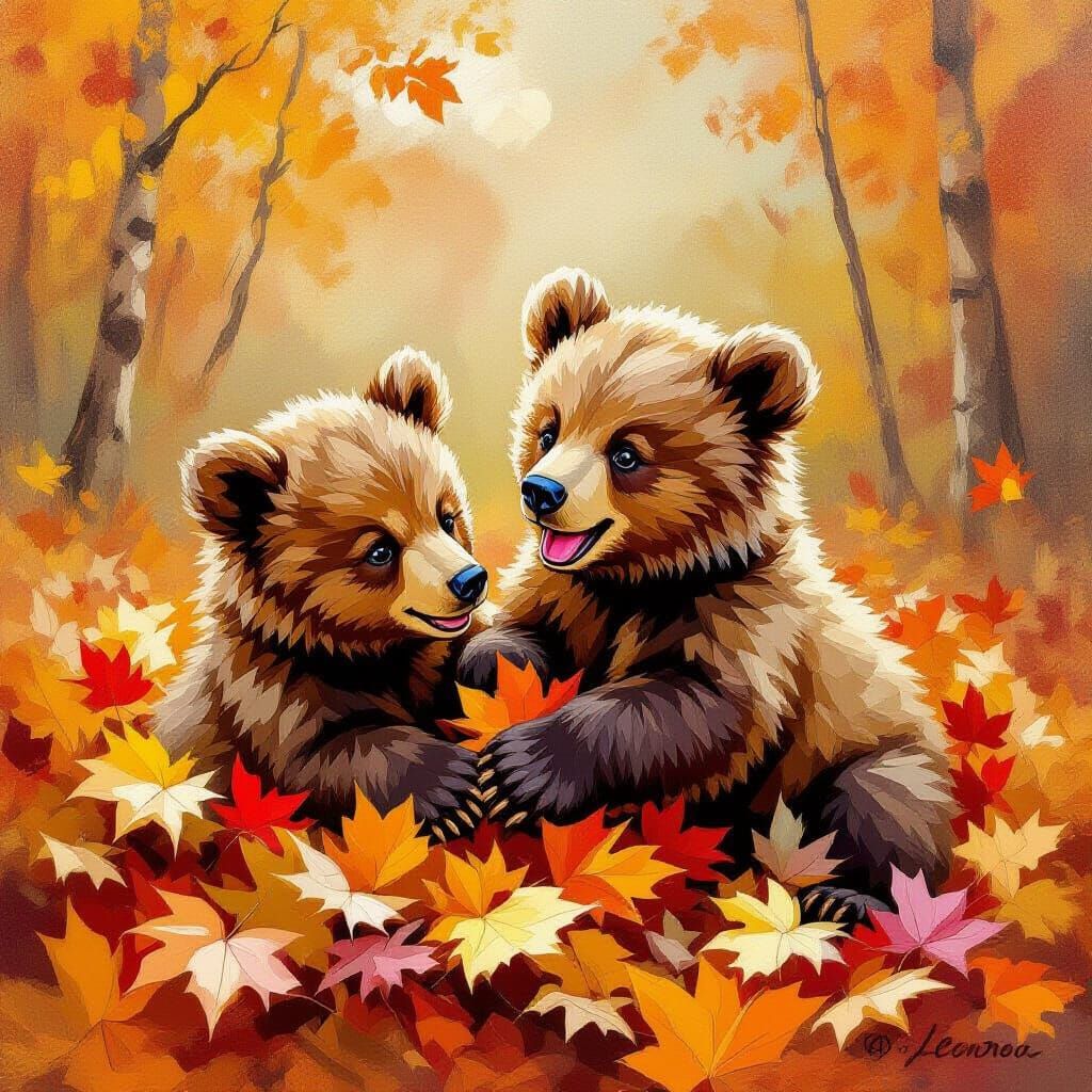 Adorable Bear Cubs Play in Autumn Leaves Oil Painting