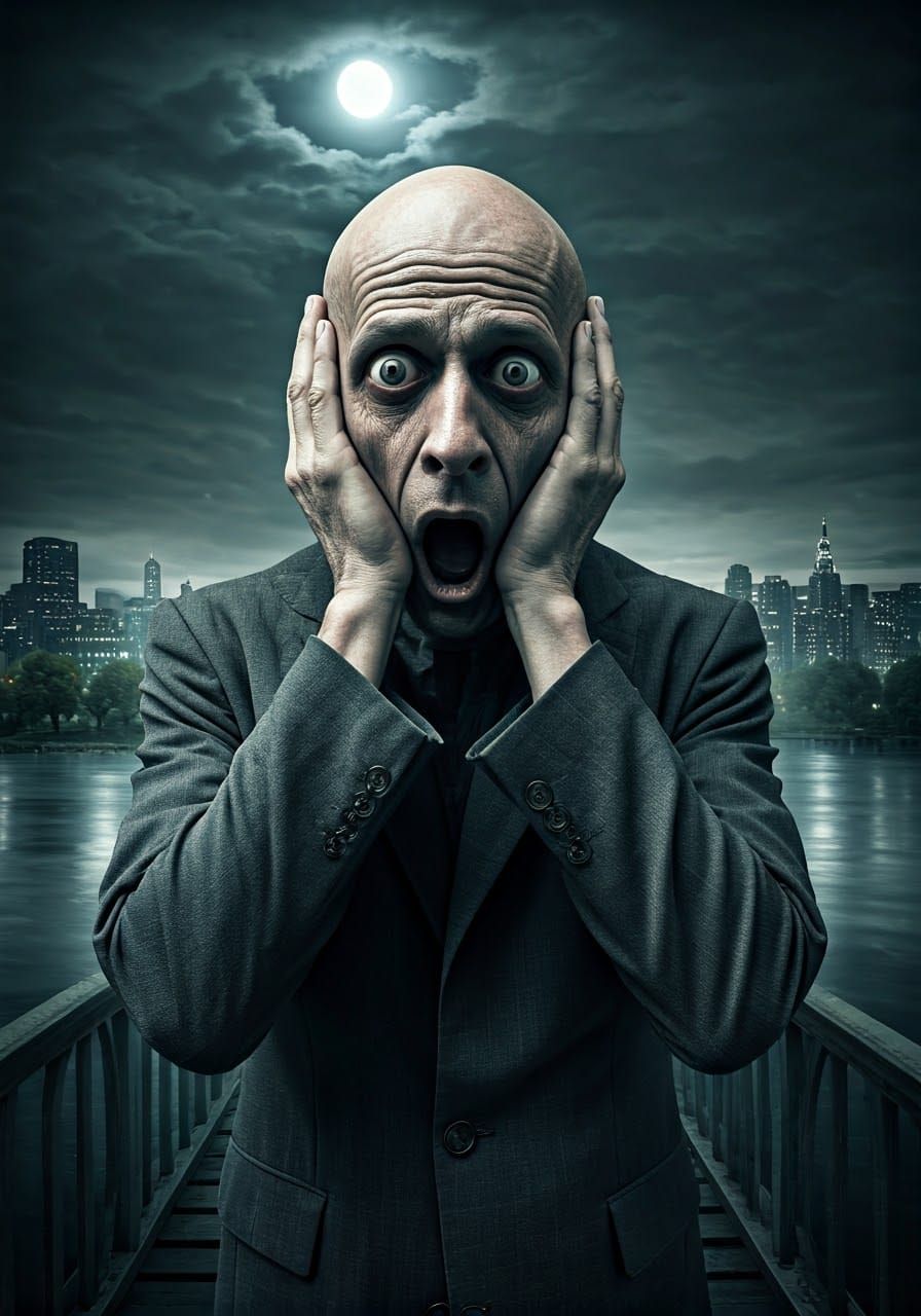 Distraught Man on Moonlit Bridge