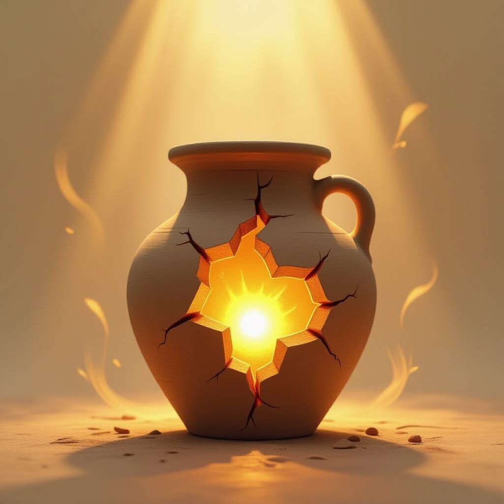 Clay Jar Radiates Golden Light, Symbolizing Resilience