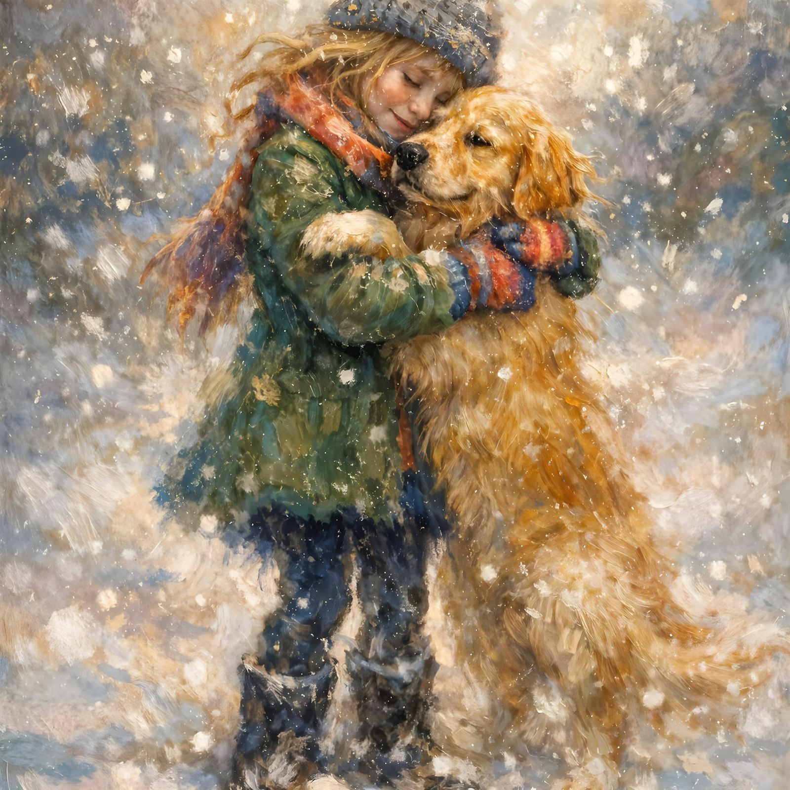 Girl Hugs Golden Retriever in Snowy Fantasy Oil Painting