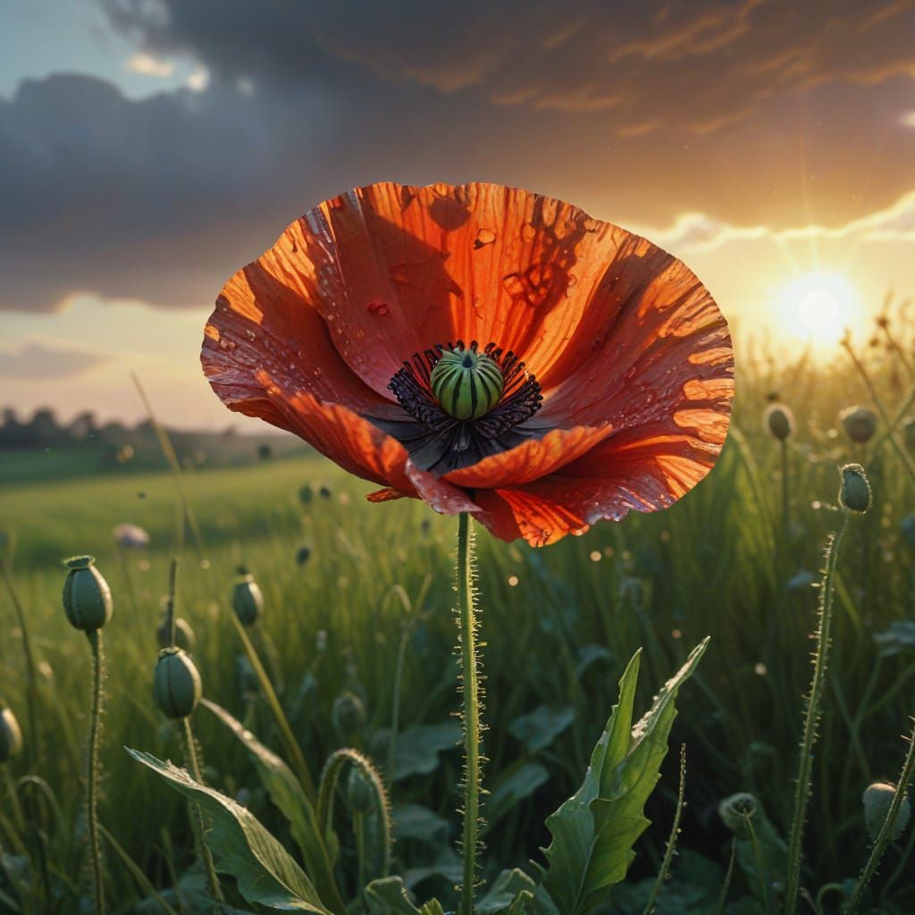 Vivid Poppy in Golden Hour Sunset, Post-Impressionist Style