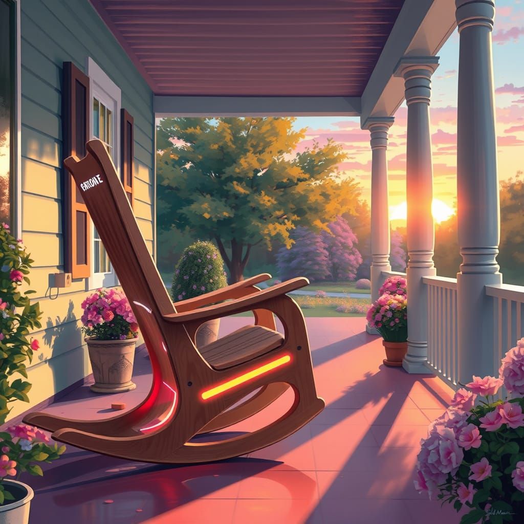 Futuristic Glowing Rocking Chair Dances at Dusk as Impressio...
