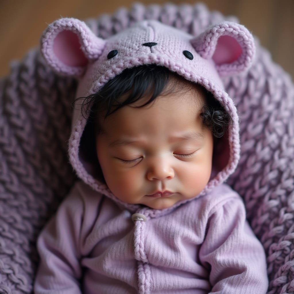 Sleeping Newborn Baby in Adorable Purple Mouse Costume