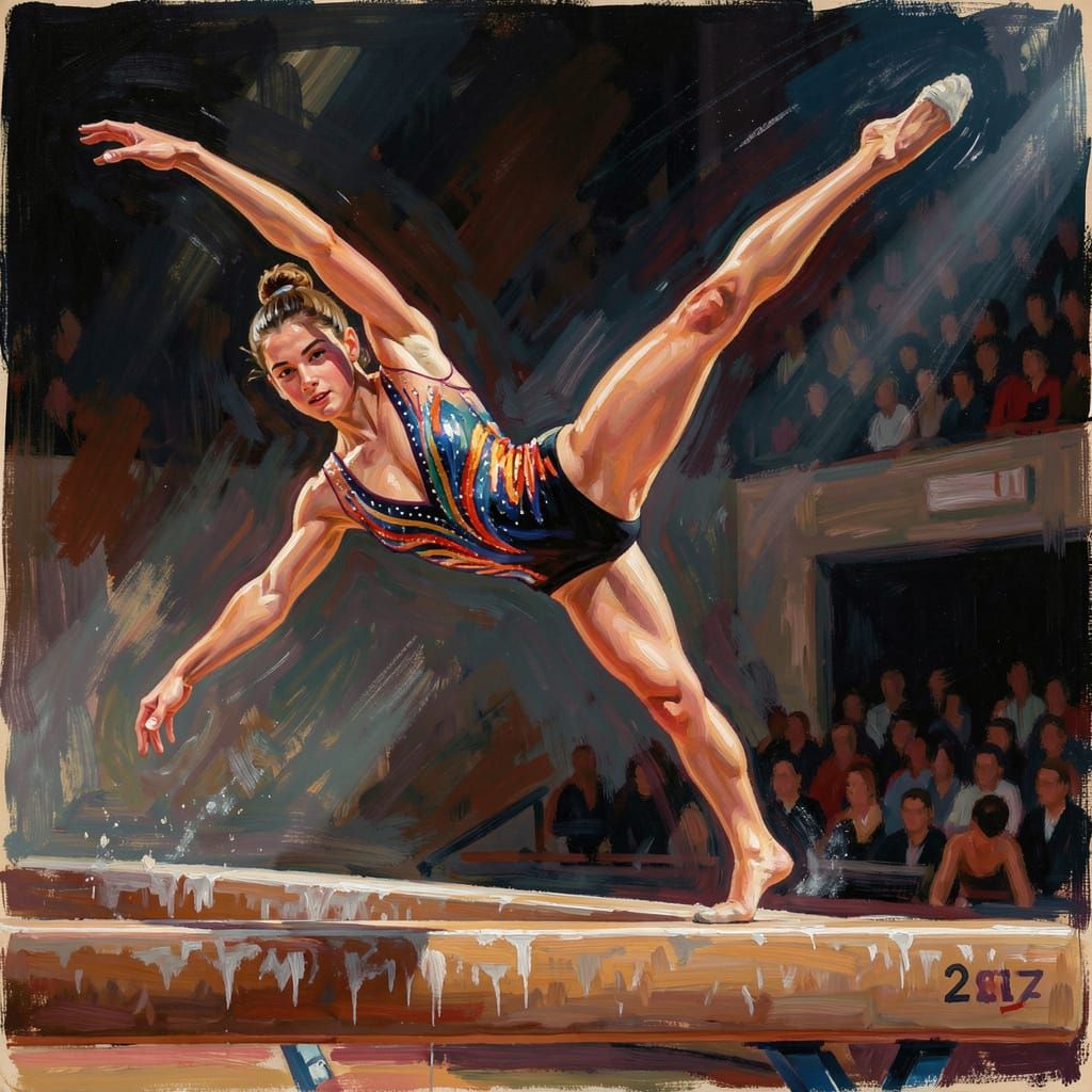 Gymnast's Dynamic Flip on Balance Beam in Expressive Style