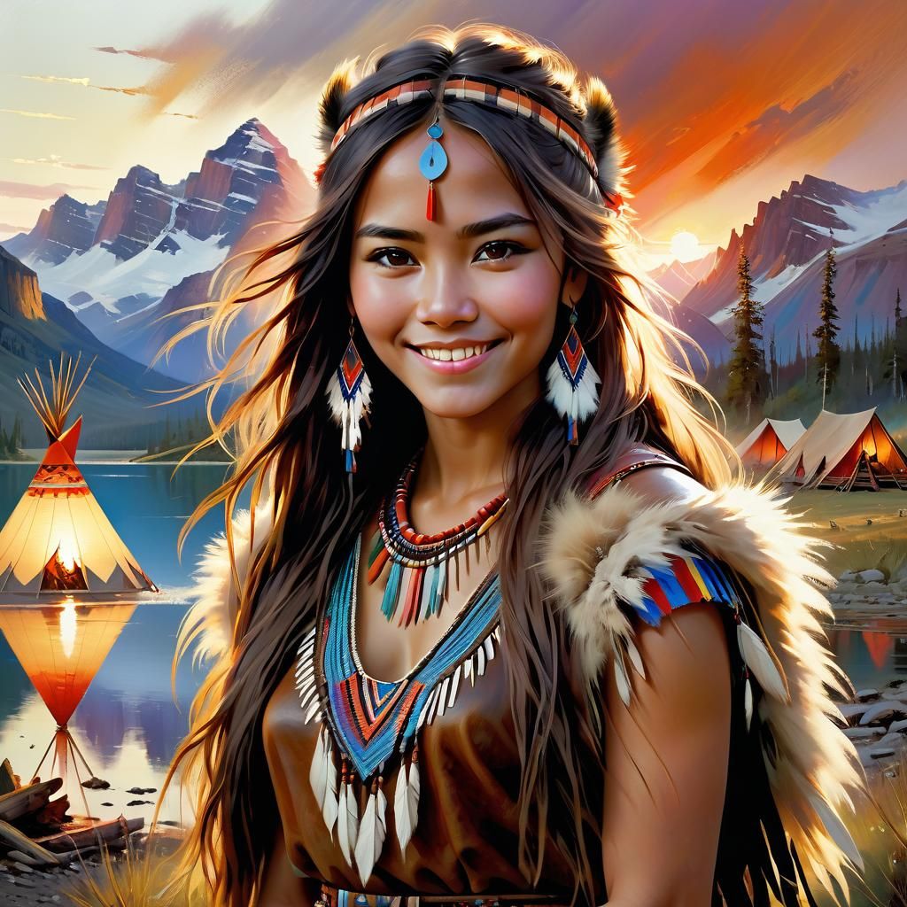 First Nations Woman in Lakeside Camp at Sunset