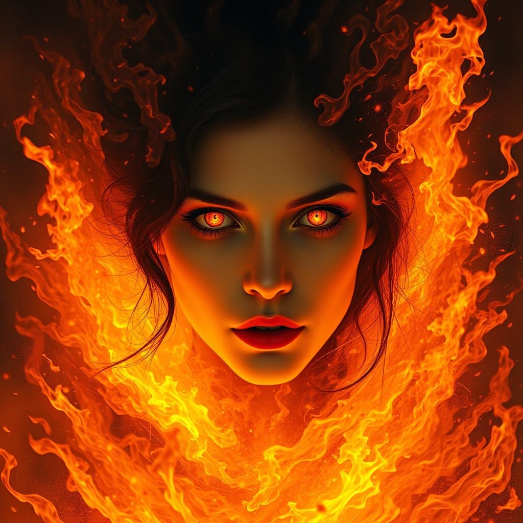 Surreal Woman Emerges from Inferno in Vibrant, Fiery Colors