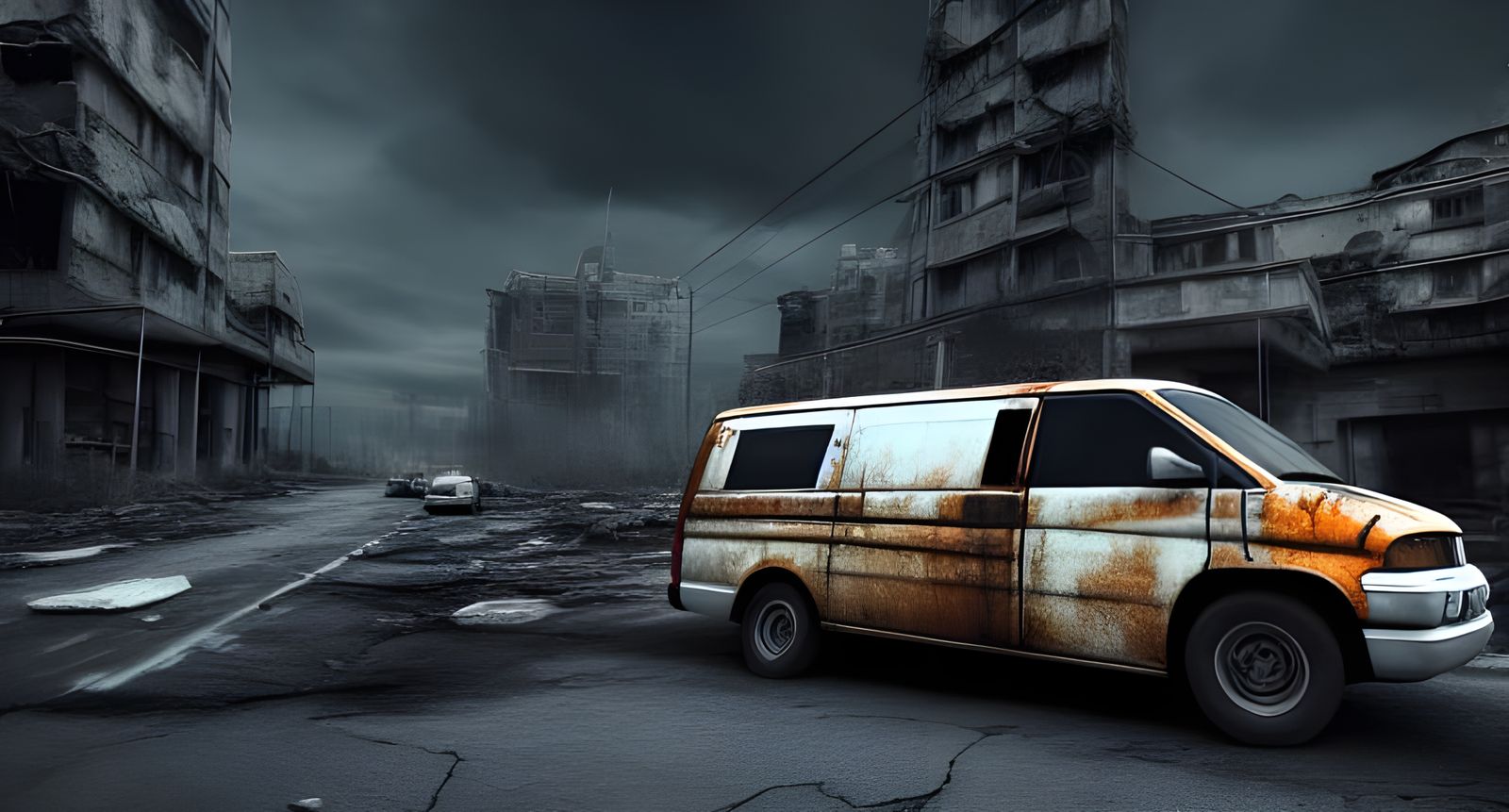 Van Races Through Post-Apocalyptic Landscape