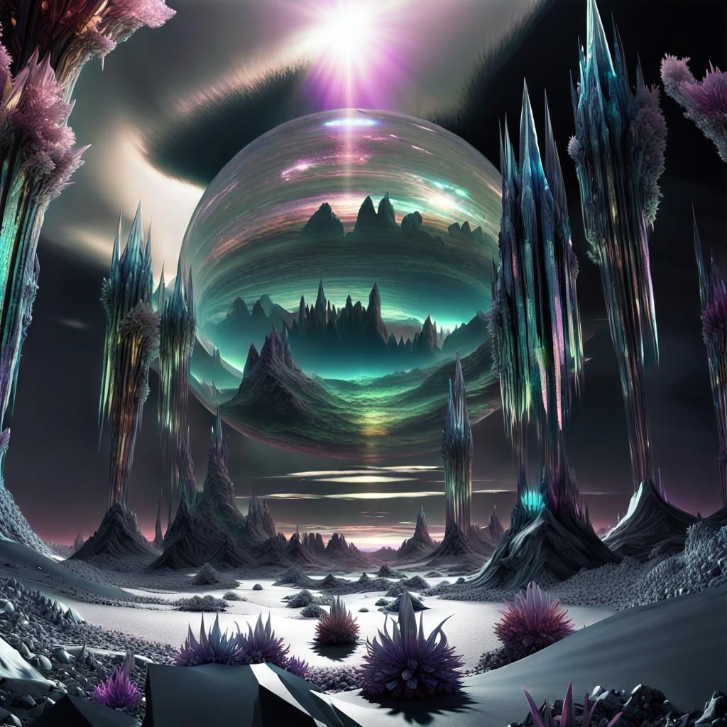 Alien Planet with Crystal Spires: Surreal Landscape