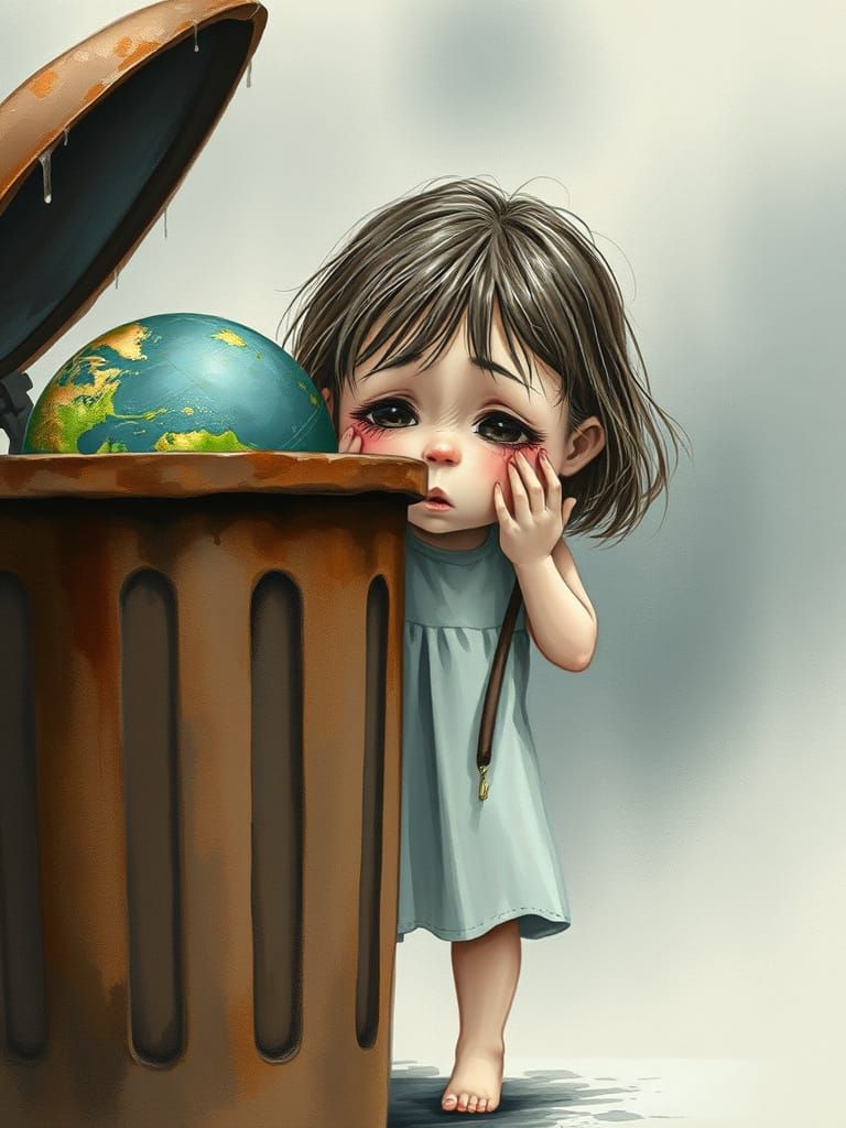 Distressed Girl Rescuing Earth Globe: Watercolour Art